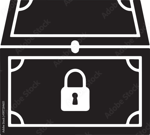 Open treasure chest with security lock icon for protecting valuable assets and digital storage