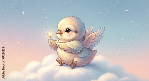 White Bird Flying in Cloudy Sky with Stars, Angelic Cartoon Character, Fantasy Illustration