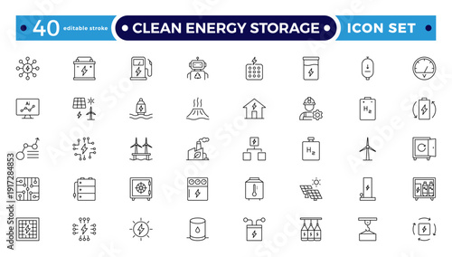 Clean Energy Storage outline icons collection illustrating renewable power, photovoltaic panels, clean electricity, sustainability, eco technology, green energy systems. Editable stroke outline icon.