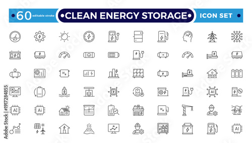 Clean Energy Storage outline icons collection illustrating renewable power, photovoltaic panels, clean electricity, sustainability, eco technology, green energy systems. Editable stroke outline icon.