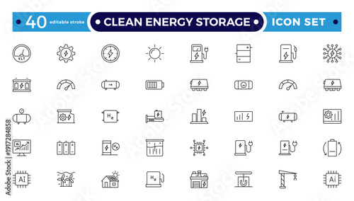 Clean Energy Storage outline icons collection illustrating renewable power, photovoltaic panels, clean electricity, sustainability, eco technology, green energy systems. Editable stroke outline icon.