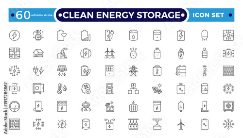 Clean Energy Storage outline icons collection illustrating renewable power, photovoltaic panels, clean electricity, sustainability, eco technology, green energy systems. Editable stroke outline icon.