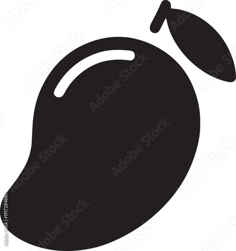 Stylized black silhouette of a ripe mango fruit with leaf and stem