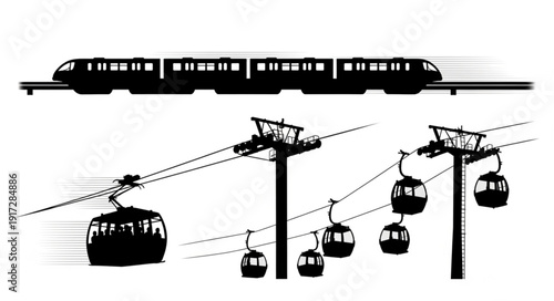 Monorail Train and Cable Cars Silhouette Transportation System.