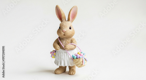 Easter Bunny Figurine Holding Basket with Eggs Isolated on White