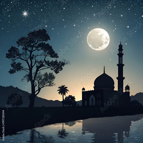 Peaceful Ramadan night with a mosque silhouette beneath a glowing moon.