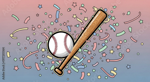 Baseball Bat Hitting Ball Surrounded by Confetti on Gradient Background