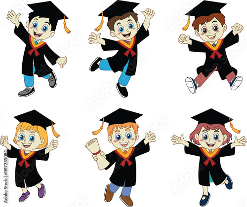 Set of happy cartoon children graduates in caps and gowns, jumping with диплома, cute graduation illustration isolated on white background, education celebration clipart