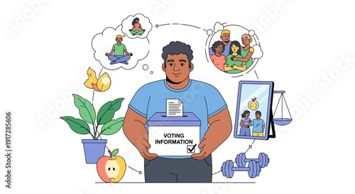 Man holding voting information surrounded by symbols of a balanced life