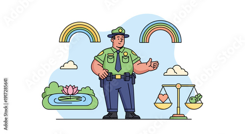 Law Enforcement Officer and Symbols of Justice, Nature, and Equality Illustration
