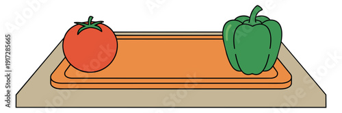 Hand drawn line art kitchen set featuring a tomato, a green bell pepper, and a cutting board for cooking preparation