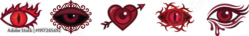 Collection of Red Evil Eye Vector Icons Featuring Gothic Frames Demon Pupils Heart Shape with Arrow and Spooky Mystic Elements for Horror Graphic Design