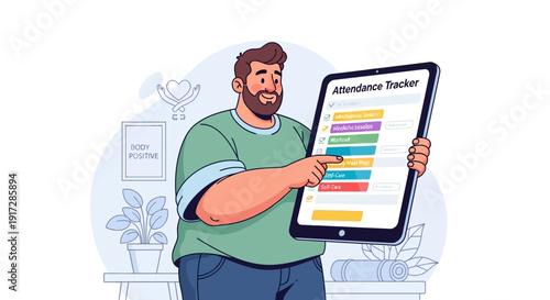Man holding tablet displaying attendance tracker with people list on screen