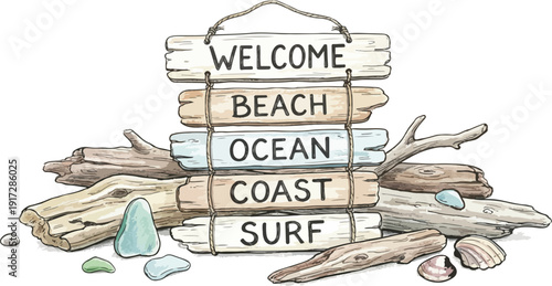 Hand Drawn Wooden Beach Signs Stack with Driftwood and Sea Glass 2026 Vector Illustration on White