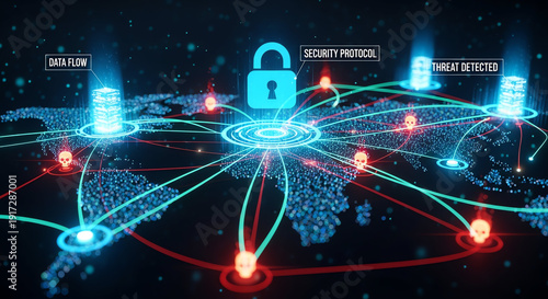 Digital Security and Data Protection Network with Lock and Cybersecurity Icons.