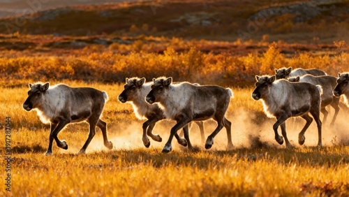 A herd of reindeer running across a golden autumn tundra, kicking up dust in a natural wilderness setting.