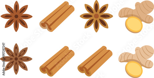 Cinnamon sticks ginger root and star anise vector illustration set isolated on white background for cooking spice design
