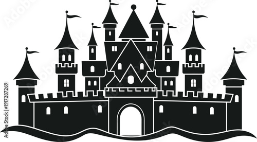 A black and white detailed castle with multiple towers and a central gatehouse on a wavy base