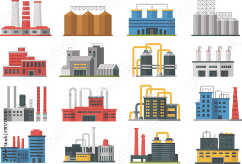 Industrial factory building vector illustration set with power plants refineries warehouses isolated on white background for manufacturing industry design projects