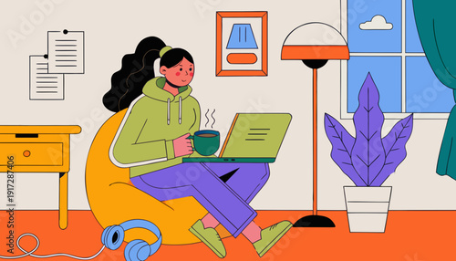 Remote Work Concept  Woman Working from Home Office with Laptop, Modern Flat Vector