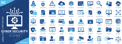 Cyber security icon set.  featuring data protection, spam, secure, security, antivirus, password, privacy, padlock, hacker, network safety, encryption, firewall and secure. Vector illustration
