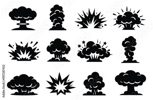 Graphic explosion and smoke icon set featuring various blast and cloud effects for graphic design projects