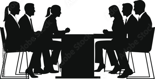 Business meeting silhouettes, professional teamwork, corporate communication, leadership discussion, office collaboration, negotiation success, strategy planning illustration