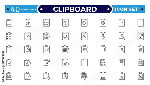 Clipboard outline Icons. Task line icon set. Project, job, voting, workflow, checklist, poll, multitasking, decision and more. Editable stroke outline icon.
