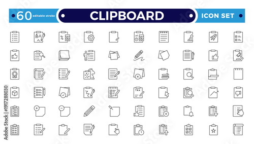 Clipboard outline Icons. Task line icon set. Project, job, voting, workflow, checklist, poll, multitasking, decision and more. Editable stroke outline icon.
