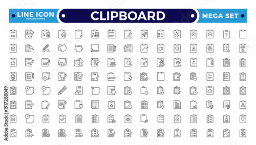 Clipboard outline Icons. Task line icon set. Project, job, voting, workflow, checklist, poll, multitasking, decision and more. Editable stroke outline icon.
