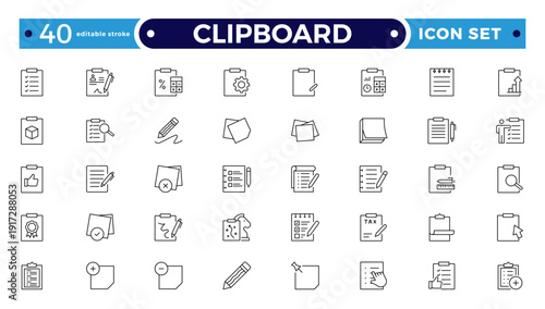 Clipboard outline Icons. Task line icon set. Project, job, voting, workflow, checklist, poll, multitasking, decision and more. Editable stroke outline icon.
