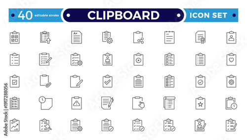 Clipboard outline Icons. Task line icon set. Project, job, voting, workflow, checklist, poll, multitasking, decision and more. Editable stroke outline icon.
