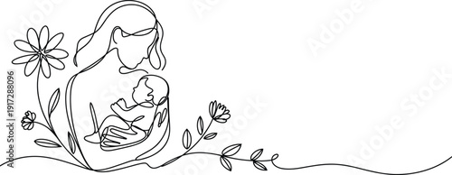 Pregnant woman holding her belly with flowers and leaves in a line style holding belly line black and white