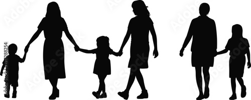 Silhouette of a family of five holding hands walking together in black and white five people