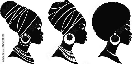 Black silhouette vector set of beautiful African women profiles, featuring traditional head wraps, large hoop earrings, and natural afro hairstyles,