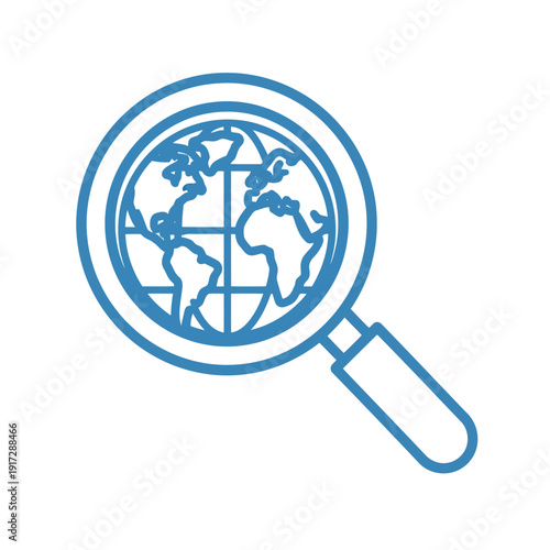 A magnifying glass focusing on a globe, symbolizing global search and investigation.