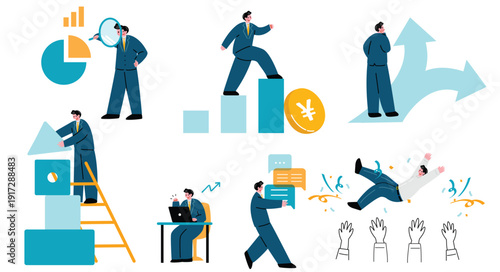 業績アップに喜ぶビジネスパーソン、ベクターイラストセット
