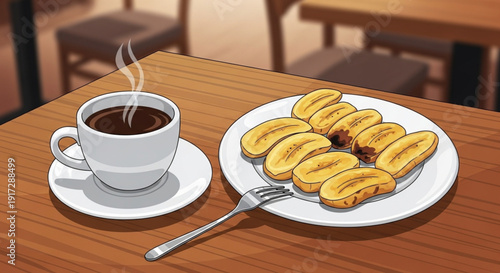 A cup of warm coffee accompanied by a plate of fried bananas on a wooden table, creates a relaxed and delicious atmosphere to start the day.