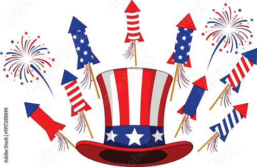 Patriotic Uncle Sam Hat and Fireworks Celebration Vector Illustration Set for Independence Day Holiday Event Decoration Background