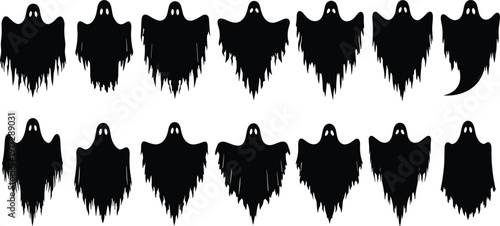 Black silhouette vector set of spooky flying ghosts with scary eyes, Halloween spirit icons isolated on white background for design,