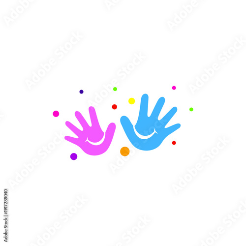 Child's palm logo with a cheerful smile decorated with colorful bubbles