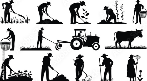 Agriculture farming silhouettes vector illustration, farmers planting crops, harvesting, tractor and livestock activities, traditional rural farm work scenes isolated on white