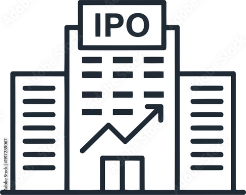 Modern office building with ipo sign on the facade, symbolizing a successful business launch.
