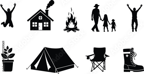 Camping and outdoor life icon set, family walking, tent, bonfire, cabin house, hiking boot, folding chair, jumping man silhouette icons.