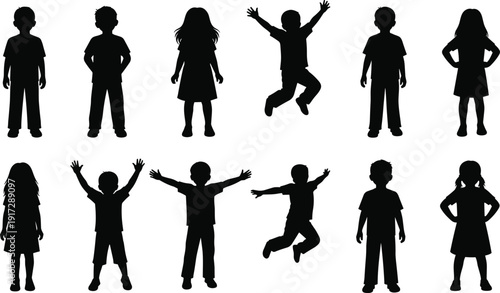 Set of soccer players and children silhouettes featuring athletes kicking balls and kids jumping standing or playing in vector format.