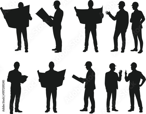Construction worker silhouettes vector illustration, engineers and builders reviewing blueprints, discussing plans, isolated black figures on white background for industry design projects