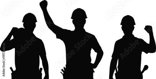 Construction worker silhouettes vector illustration, confident laborers raising fists wearing safety helmets, isolated black figures on white background for workforce industry design