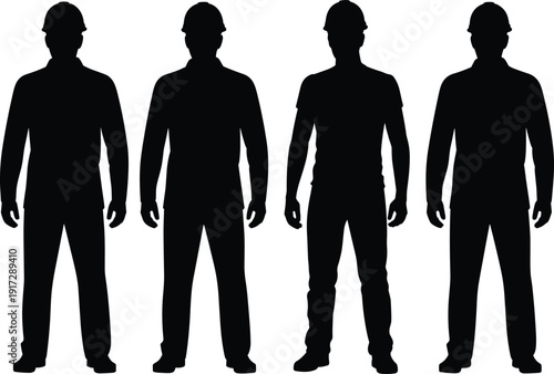 Construction worker silhouettes vector illustration, group of standing laborers wearing safety helmets, isolated black figures on white background for industrial workforce design
