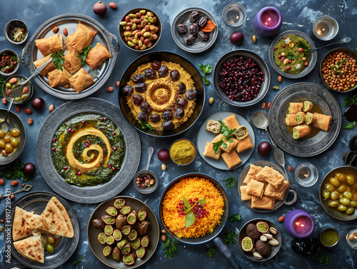 Wallpaper Mural Lavish Flatlay of Traditional Middle Eastern Feast with Hummus, Baklava, Pomegranate and Rice on Dark Blue Textured Background Torontodigital.ca