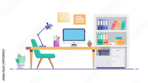 Modern flat design illustration of a clean and organized home office workspace with a computer, perfect for remote work and digital creativity